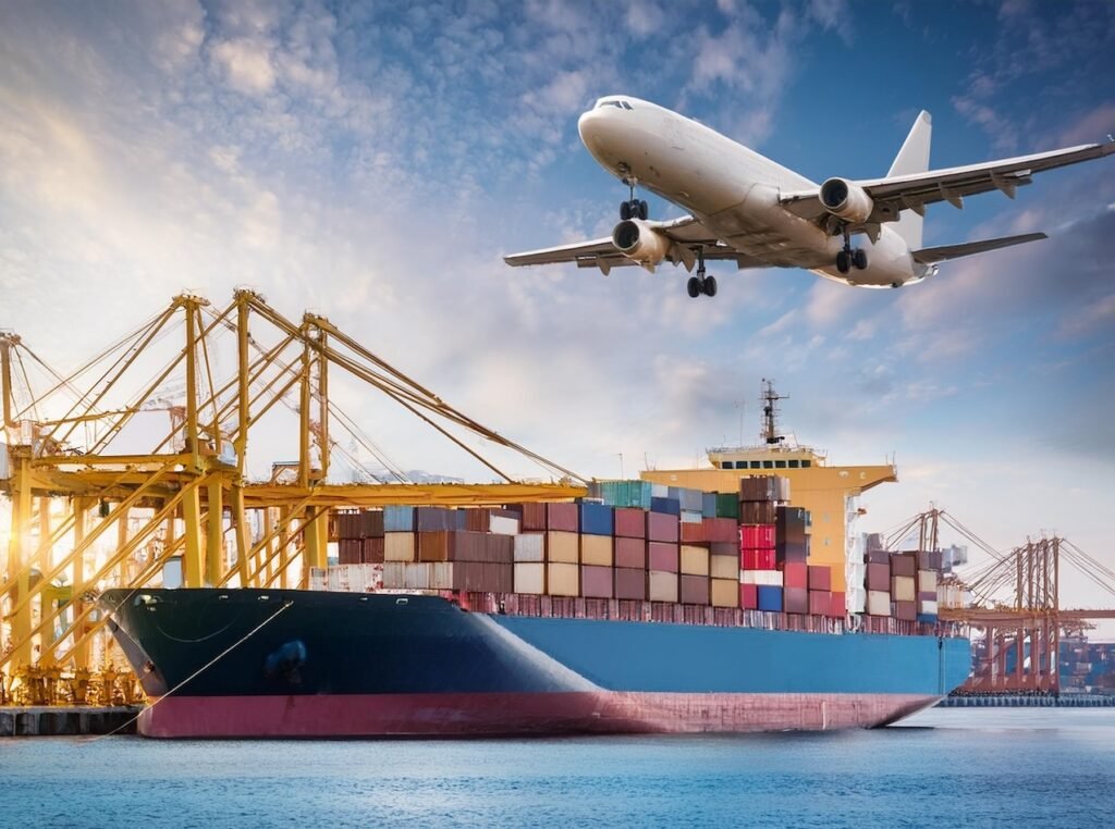 Firefly Create An Image Of A Cargo Airplane Flying Above Logistic Container Ship Docked In A Port 36