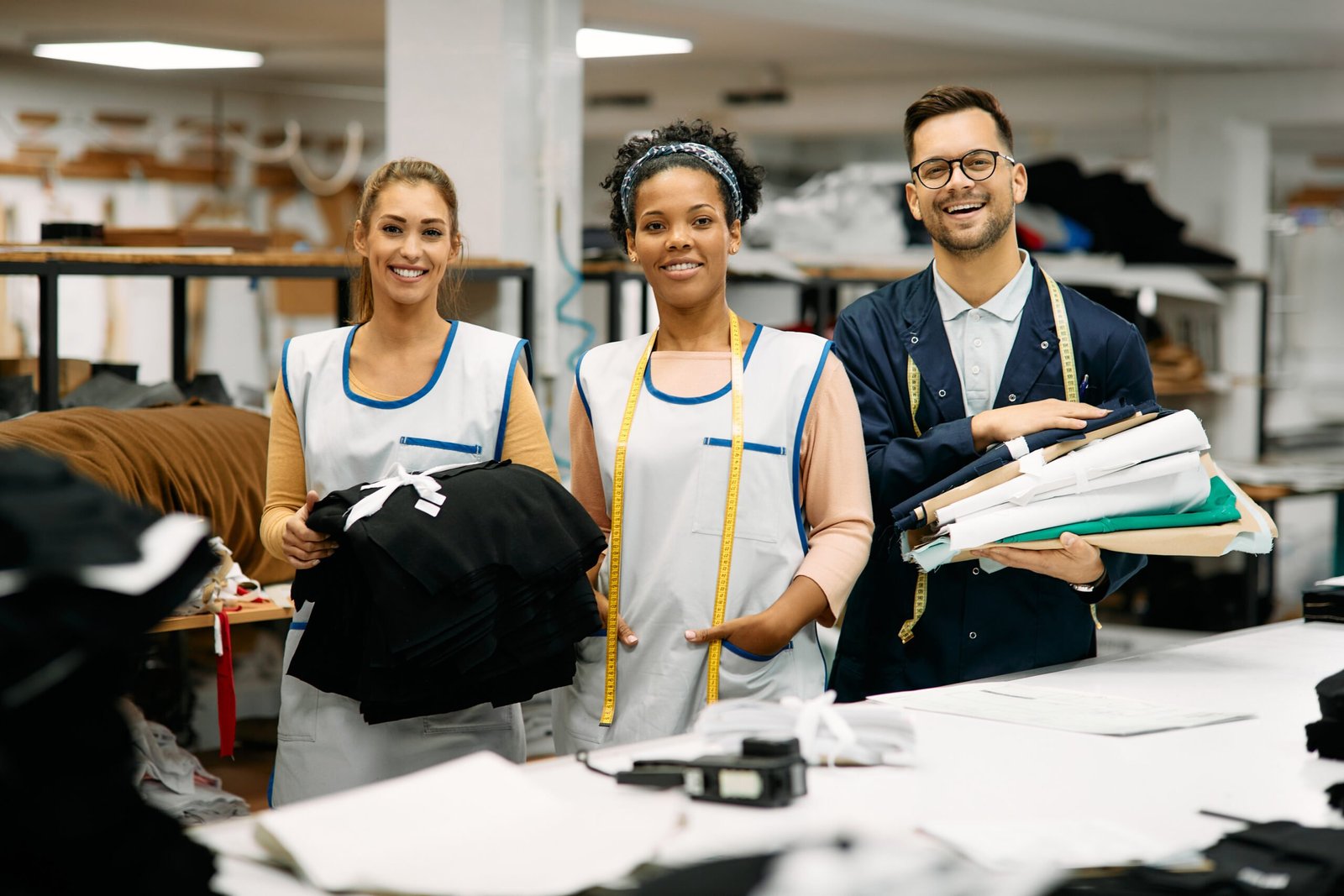 Young Happy Tailors Working In Clothing Design Studio And Looking At Camera.