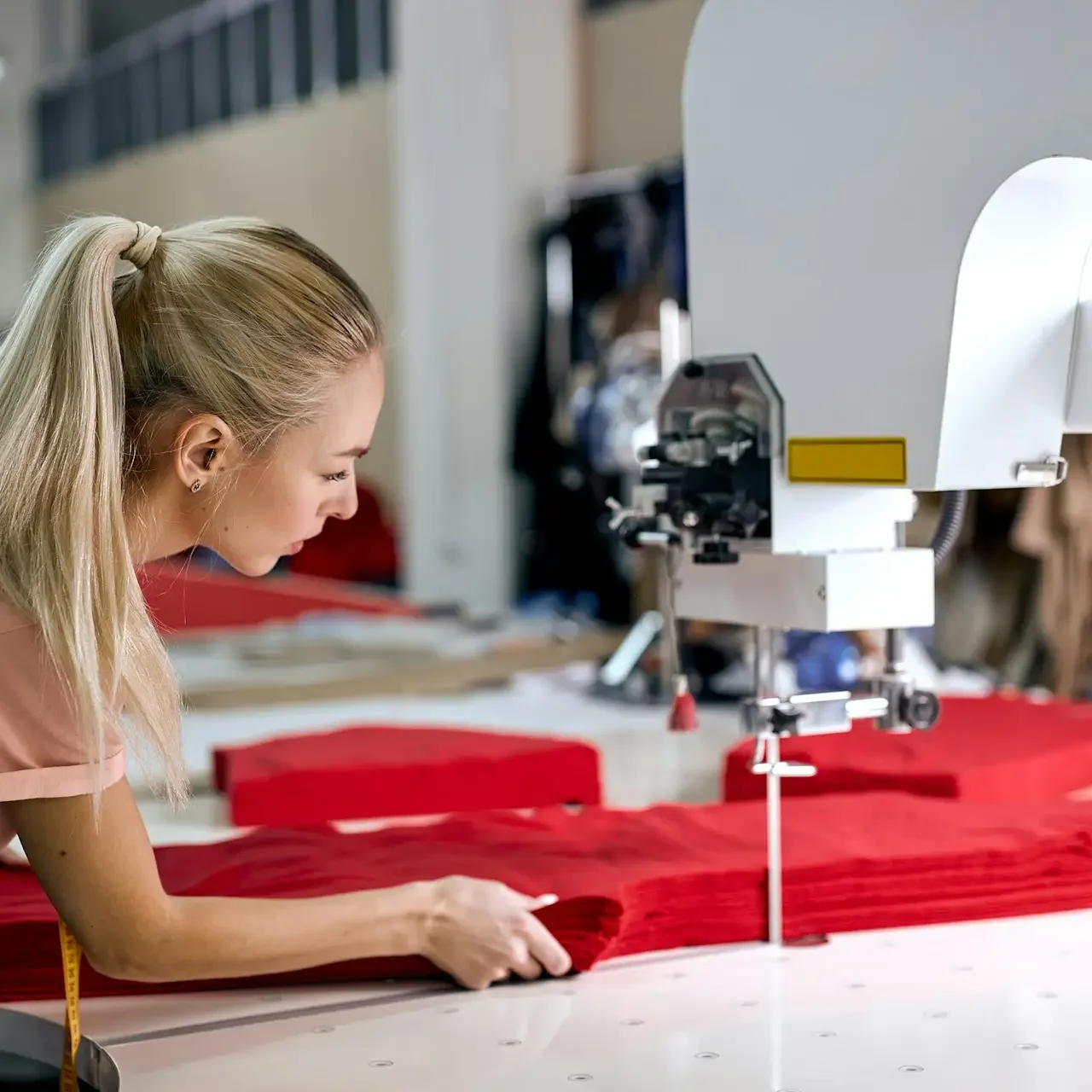 woman sewing with professional machine at workshop, clothing manufacturing factory